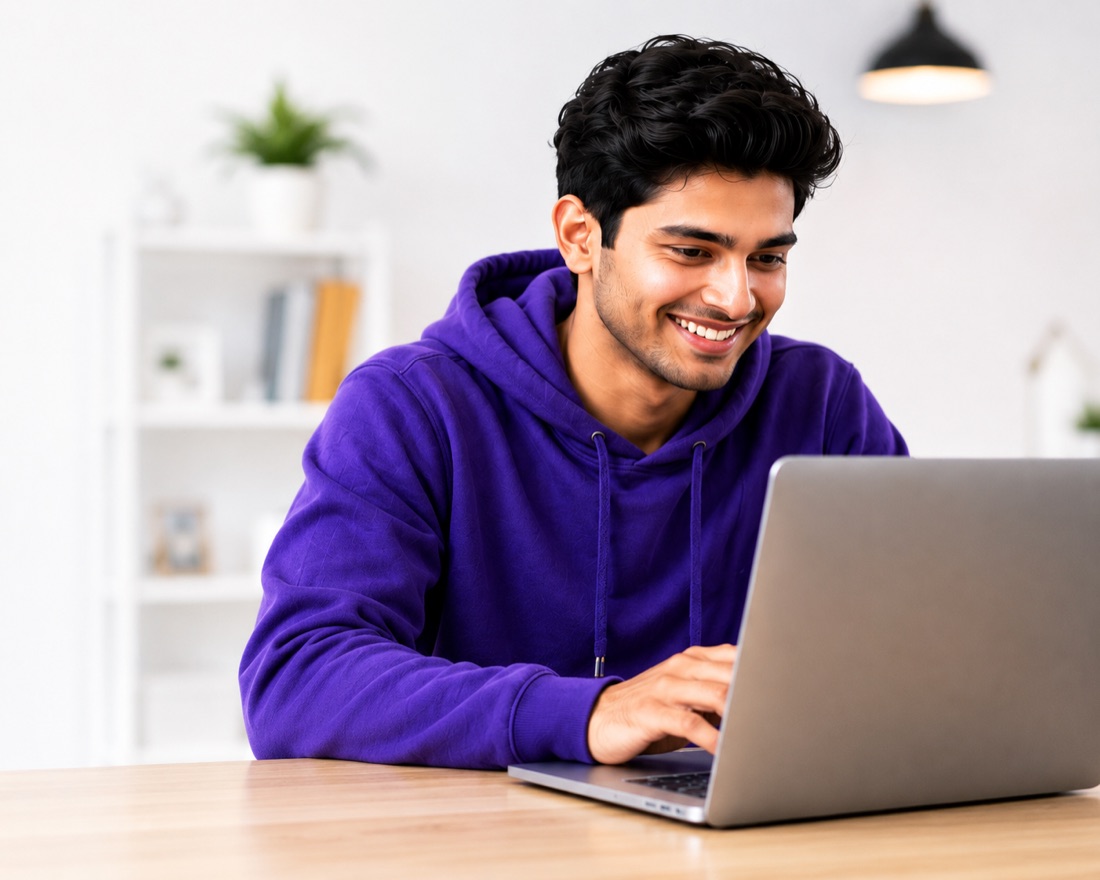 A happy learner in a purple hoodie who became job-ready in AI Engineering